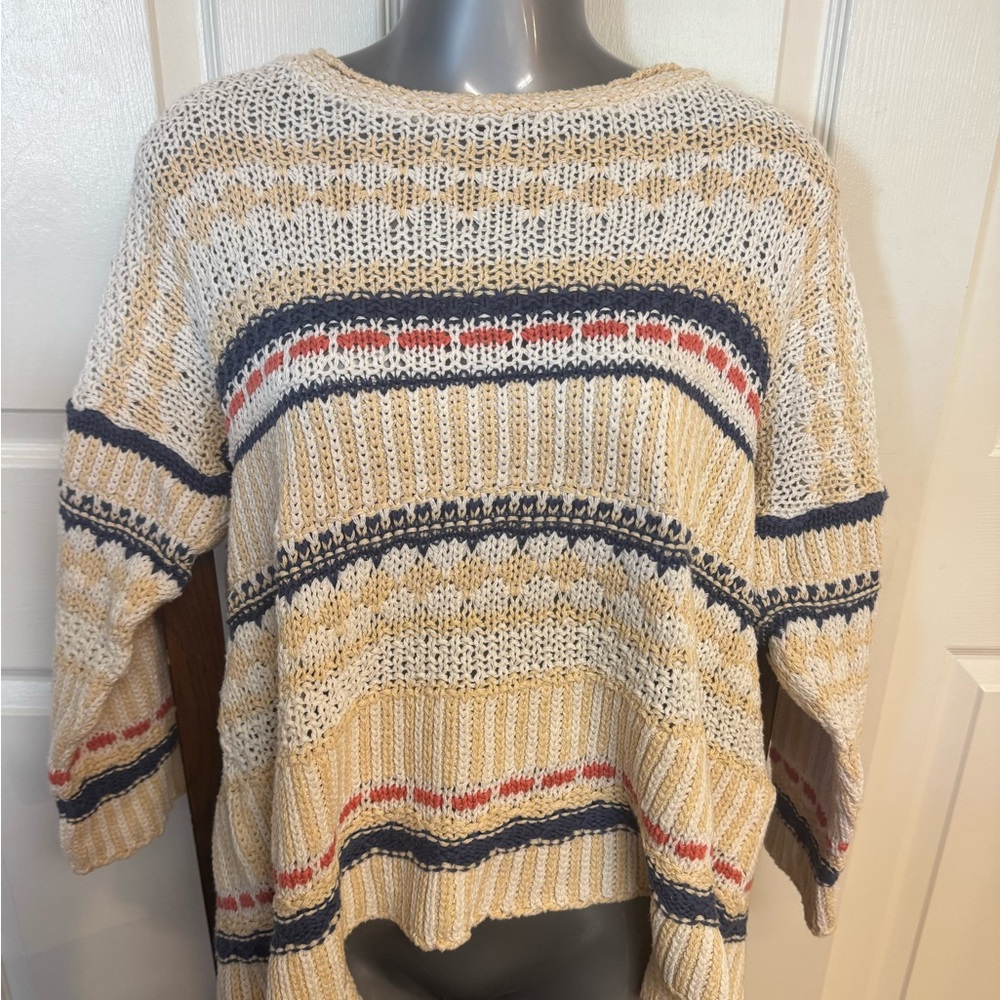 Cotton Country Women's XS Striped Beige Open Knitted 3 Quarter Pullover Sweater